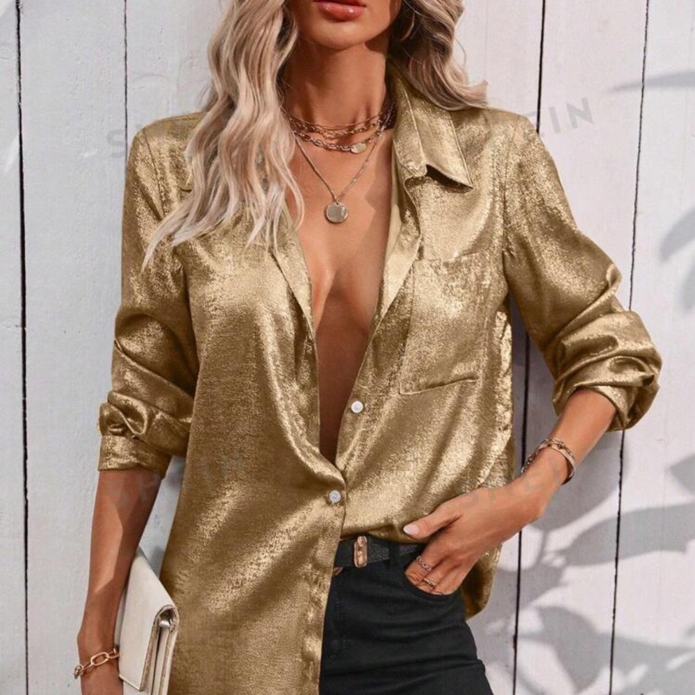 Rebellious Rose Gold Button Down Shirt - Picture 2 of 4